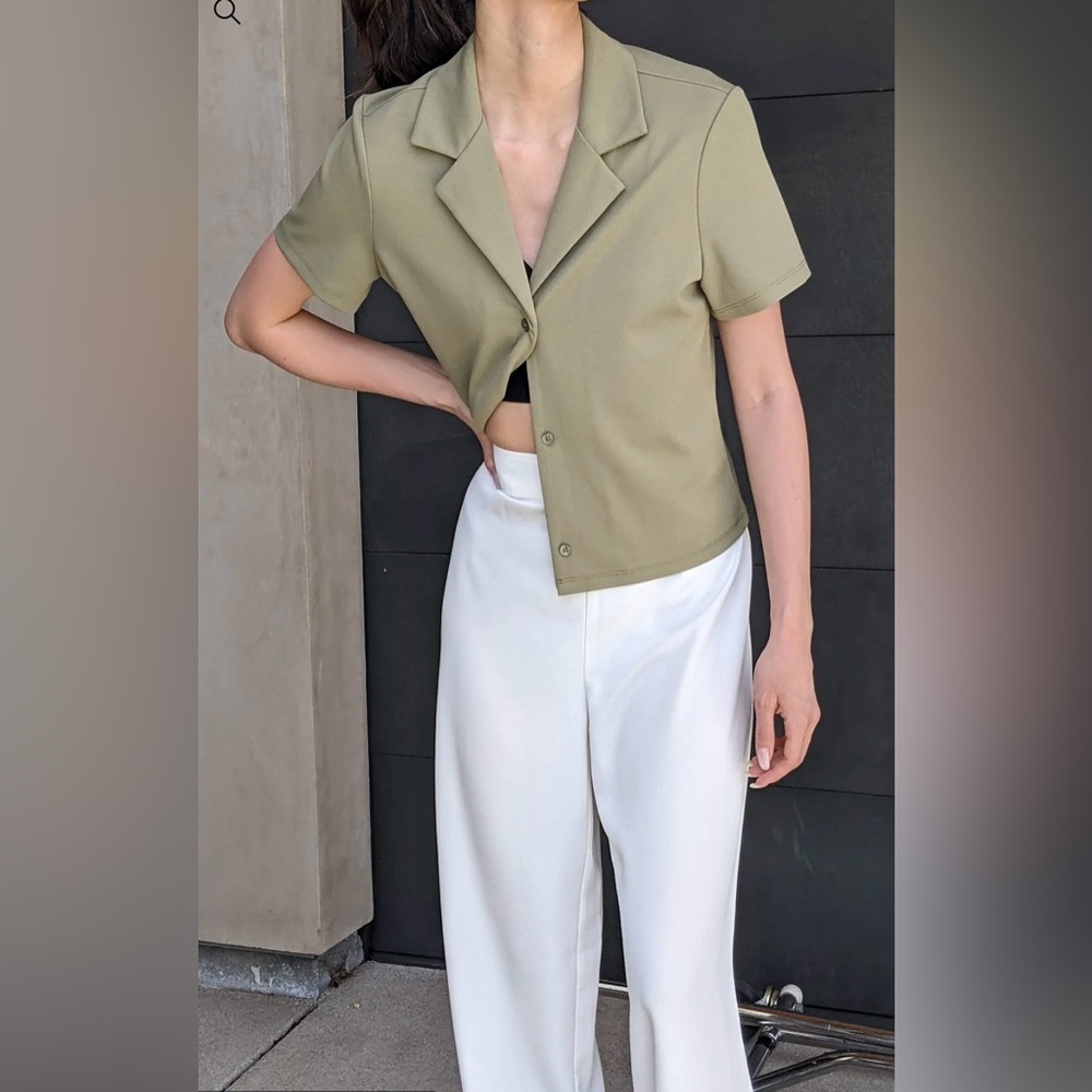 Oak + Fort Sage Cropped Button-Up Shirt | Size S/P